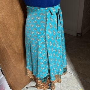 Reversible wrap around beautiful teal and brown silk crepe skirt (mlb)